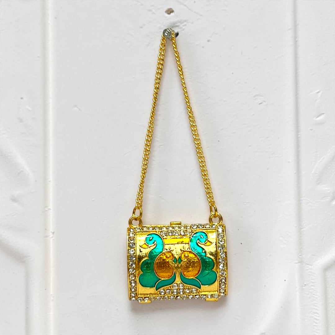 Shri Poshak Royal Peacock Gold-Plated Metal Purse (SPC-603) for Divine Goddess Idol – Stone-Studded Designer Shringaar Accessory with Long Chain