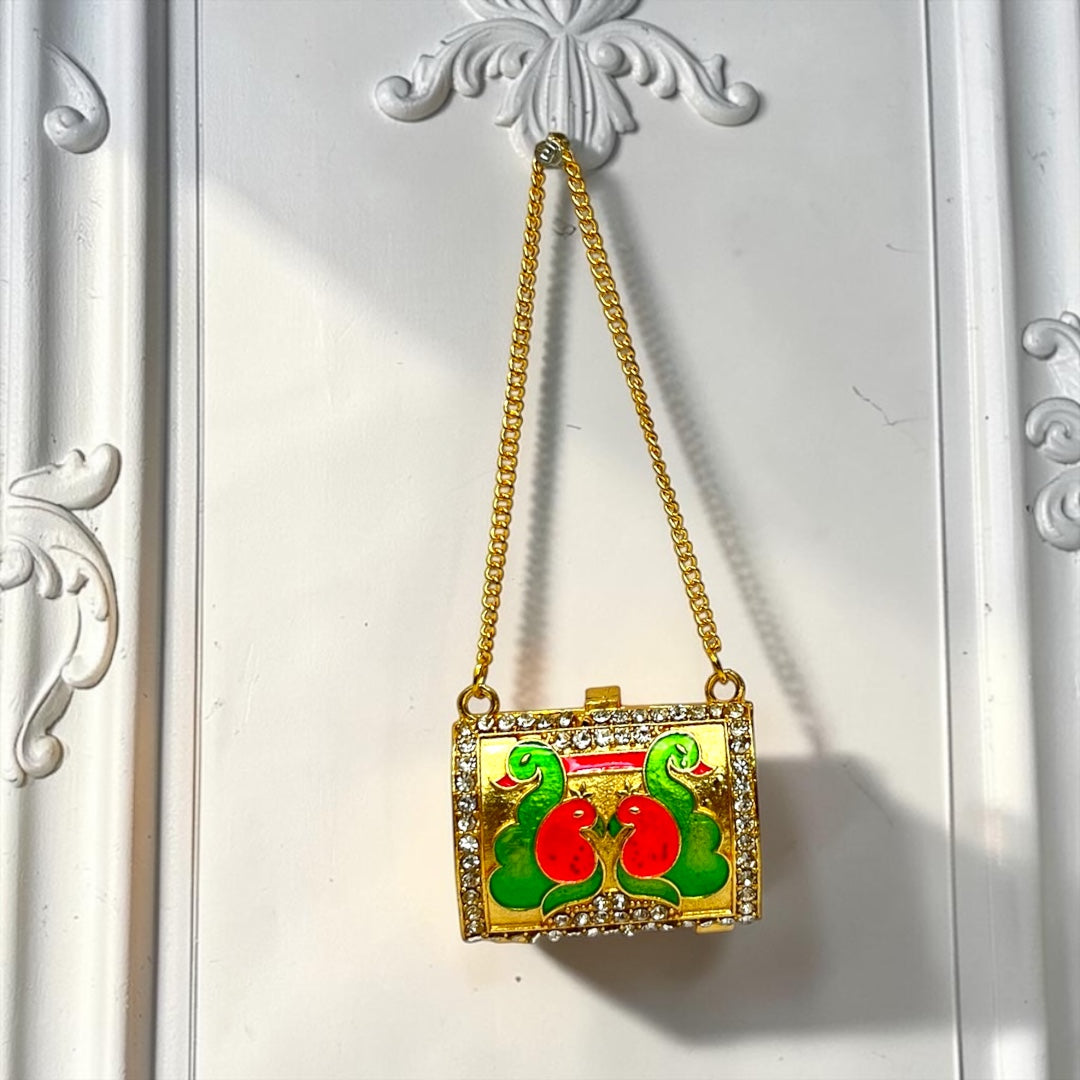 Shri Poshak Royal Peacock Gold-Plated Metal Purse (SPC-603) for Divine Goddess Idol – Stone-Studded Designer Shringaar Accessory with Long Chain