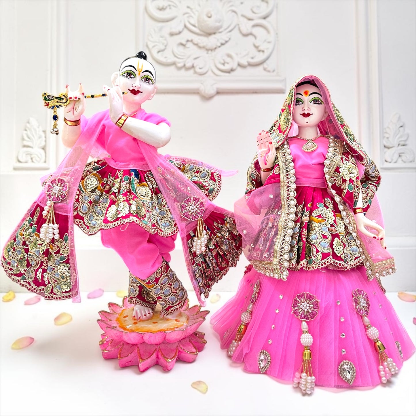 Premium Radha Krishna Poshak Set with Royal Kadkachni & Net Frill Lehenga | Designer Yugal Sarkar Dress with Patka Setting Pin & SP-I40 Luxury Gift Box Packaging