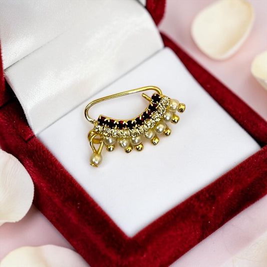 Premium Traditional Maharashtrian Banu Nath (SPC-711) – Exquisite Pearl & Ruby Bridal Press-On Nath
