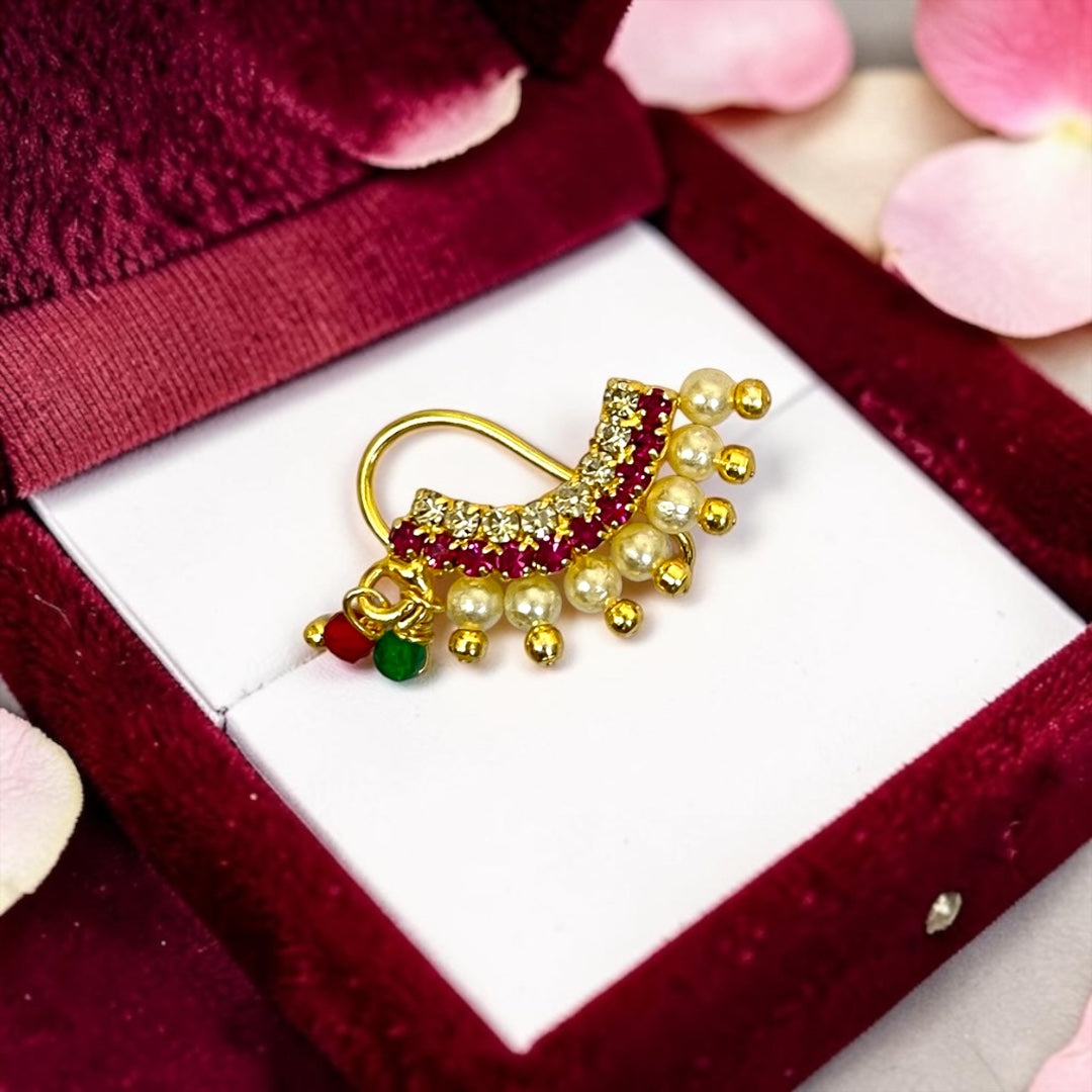 Premium Traditional Maharashtrian Banu Nath (SPC-711) – Exquisite Pearl & Ruby Bridal Press-On Nath