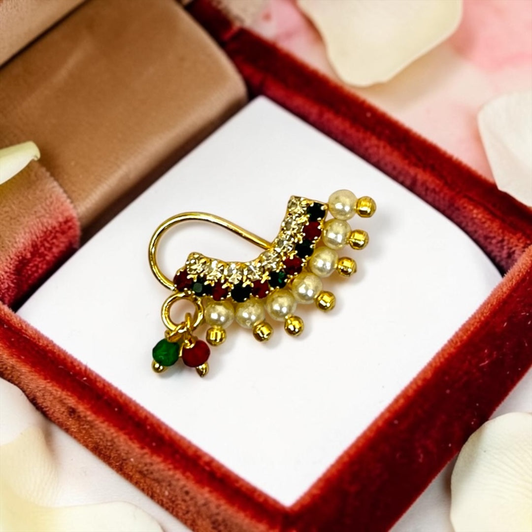 Premium Traditional Maharashtrian Banu Nath (SPC-711) – Exquisite Pearl & Ruby Bridal Press-On Nath
