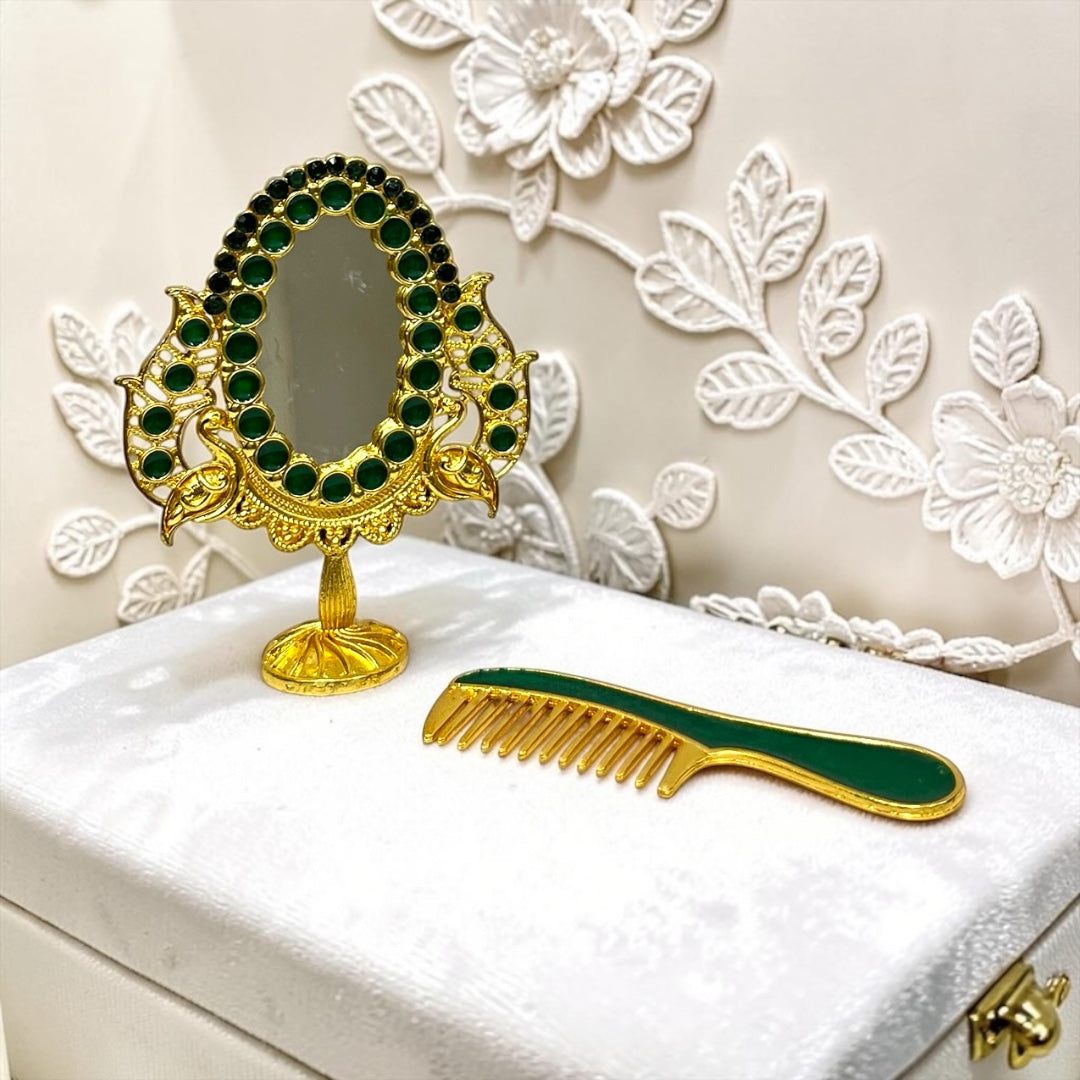 Royal Golden Peacock Mirror & Comb Set (SPC-754) for Laddu Gopal Ji (2.5 Inch)