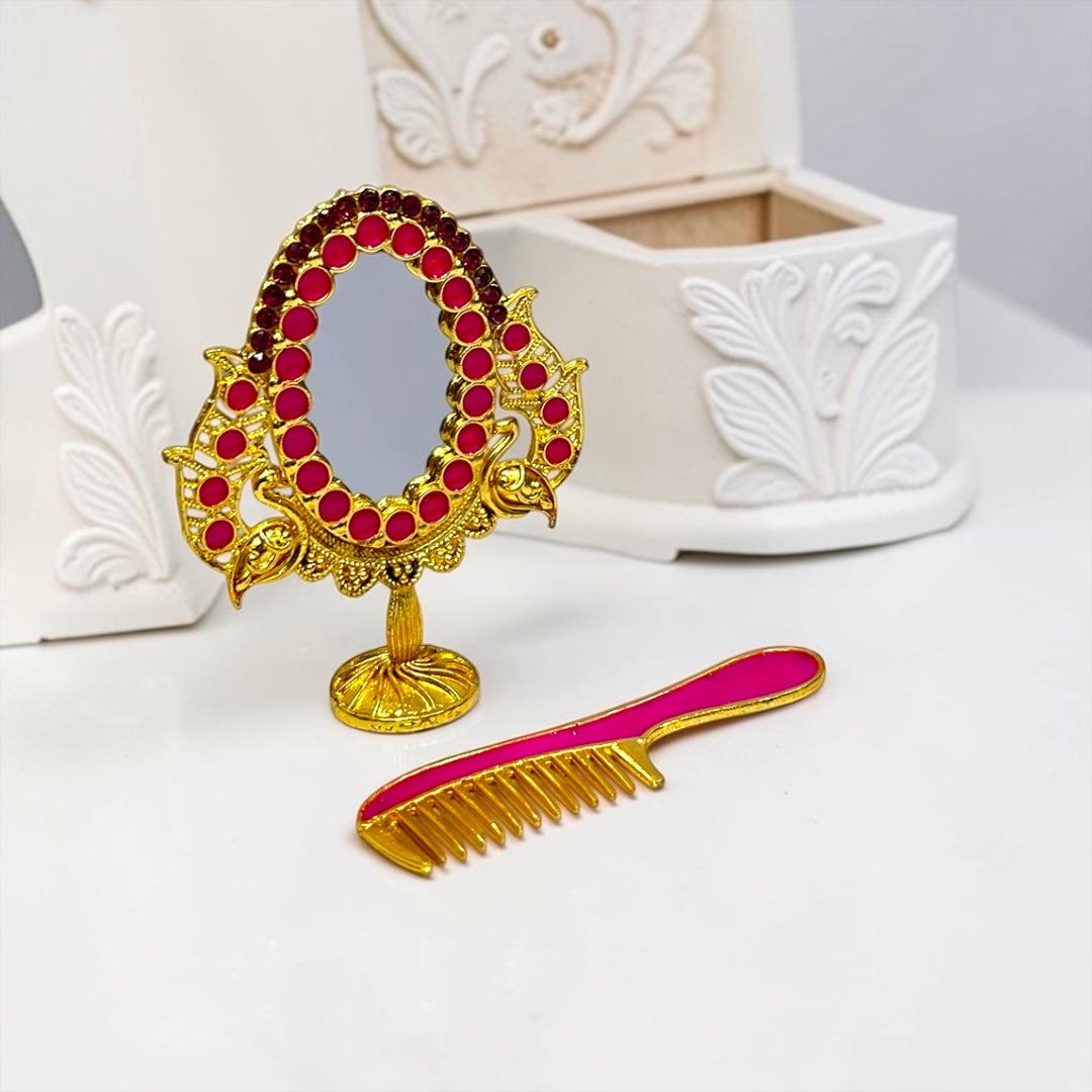 Royal Golden Peacock Mirror & Comb Set (SPC-754) for Laddu Gopal Ji (2.5 Inch)