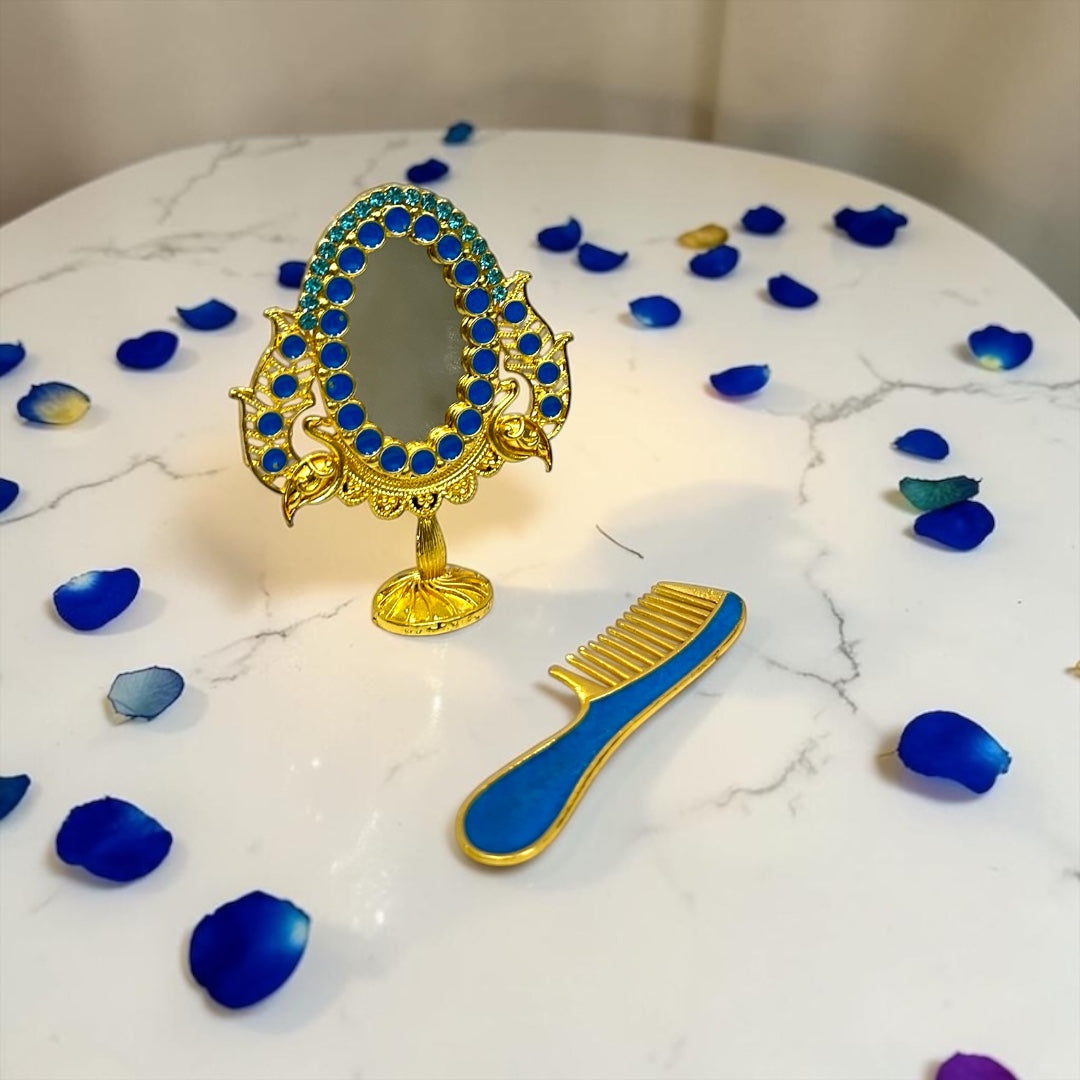 Royal Golden Peacock Mirror & Comb Set (SPC-754) for Laddu Gopal Ji (2.5 Inch)