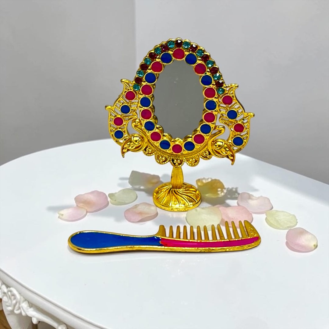 Royal Golden Peacock Mirror & Comb Set (SPC-754) for Laddu Gopal Ji (2.5 Inch)