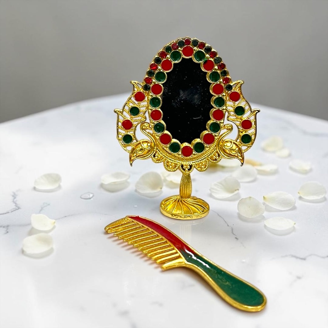 Royal Golden Peacock Mirror & Comb Set (SPC-754) for Laddu Gopal Ji (2.5 Inch)