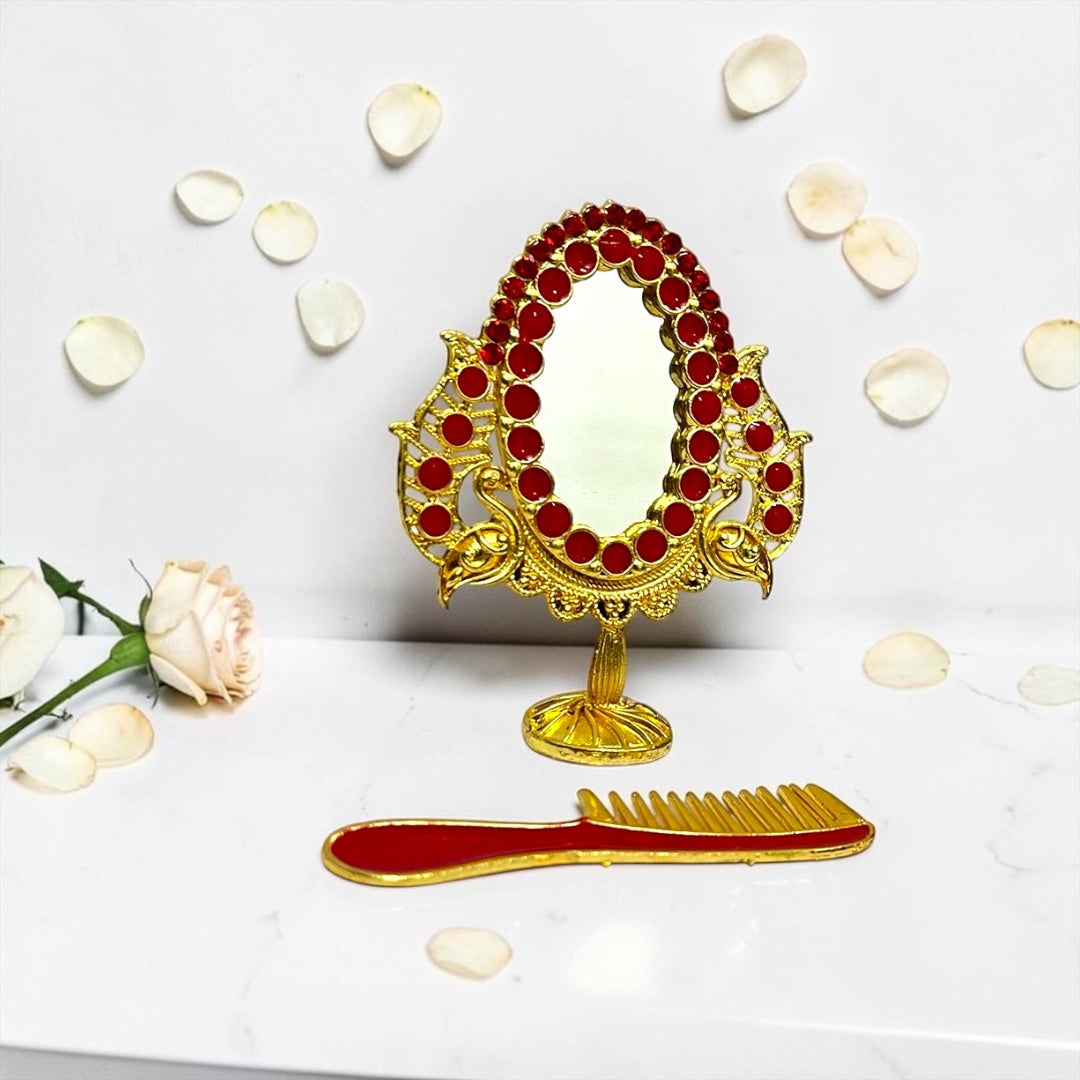 Royal Golden Peacock Mirror & Comb Set (SPC-754) for Laddu Gopal Ji (2.5 Inch)