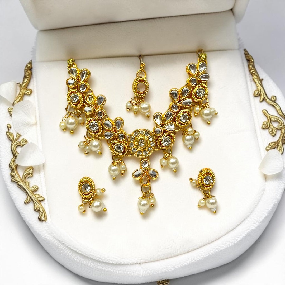 Royal Yugal Sarkar Kundan Haar, Kundal & Maangtika Shringar Set (SPC-781) | Divine Pearl Jewelry for Radha Krishna