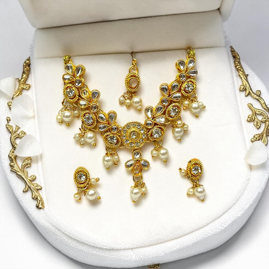 Royal Yugal Sarkar Kundan Haar, Kundal & Maangtika Shringar Set (SPC-781) | Divine Pearl Jewelry for Radha Krishna