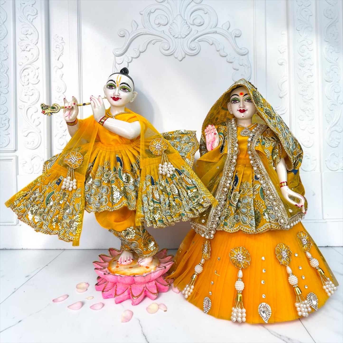 Premium Radha Krishna Poshak Set with Royal Kadkachni & Net Frill Lehenga | Designer Yugal Sarkar Dress with Patka Setting Pin & SP-I40 Luxury Gift Box Packaging