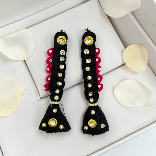 Royal Stone-Studded Double Choti Pair (SPC-654) for Divine Goddess Idol – Traditional Hair Braid Ornament Set with Sparkling Rhinestones & Floral Accents