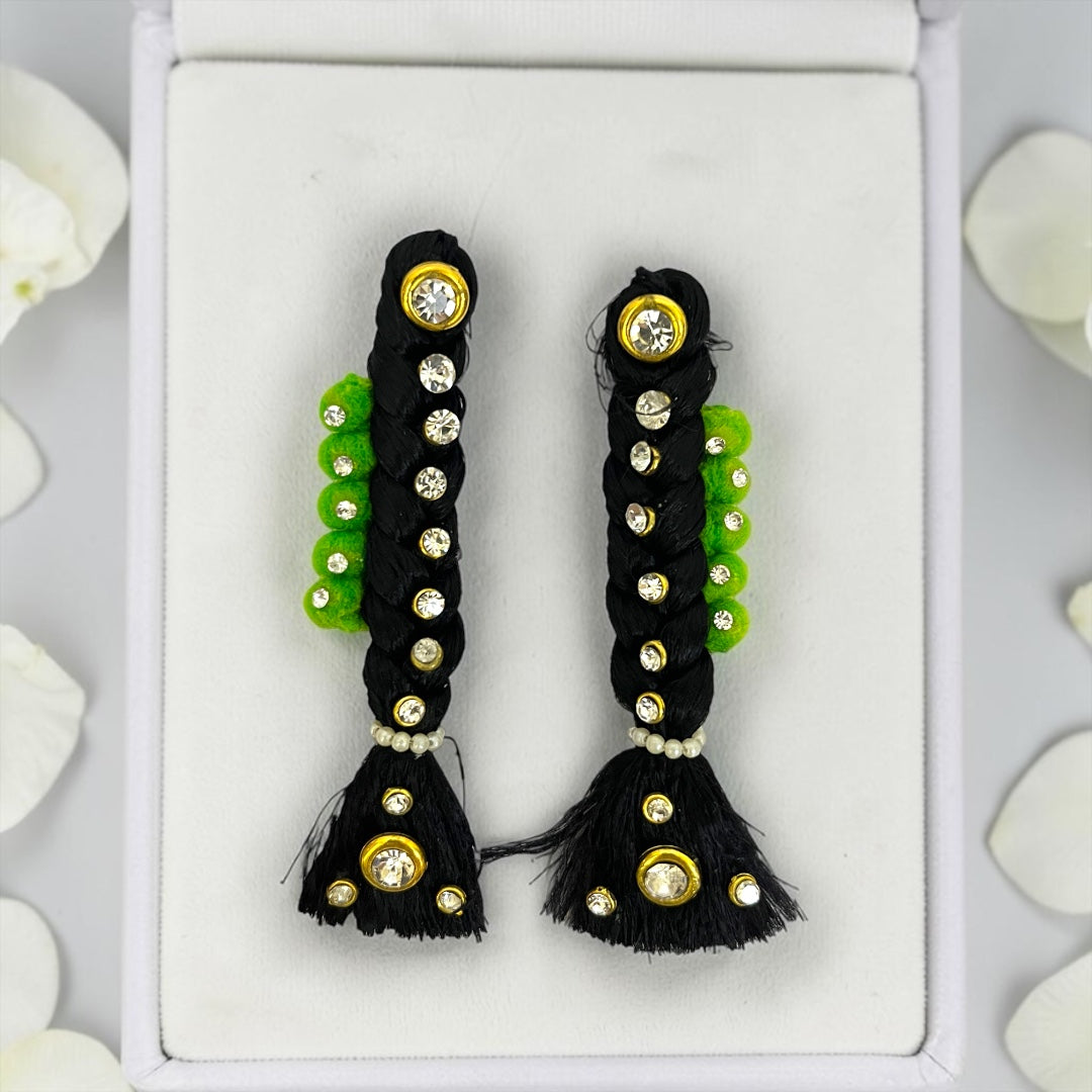 Royal Stone-Studded Double Choti Pair (SPC-654) for Divine Goddess Idol – Traditional Hair Braid Ornament Set with Sparkling Rhinestones & Floral Accents