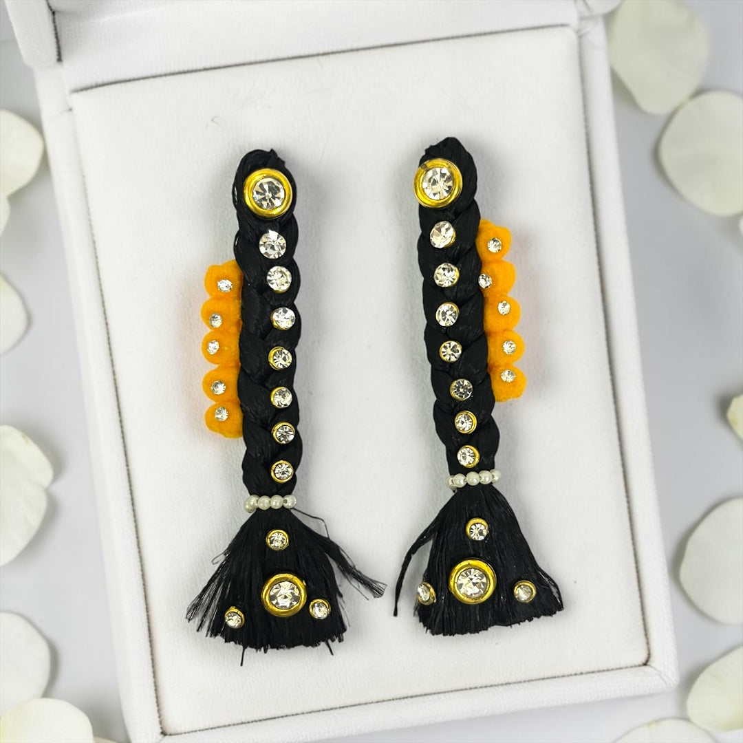 Royal Stone-Studded Double Choti Pair (SPC-654) for Divine Goddess Idol – Traditional Hair Braid Ornament Set with Sparkling Rhinestones & Floral Accents