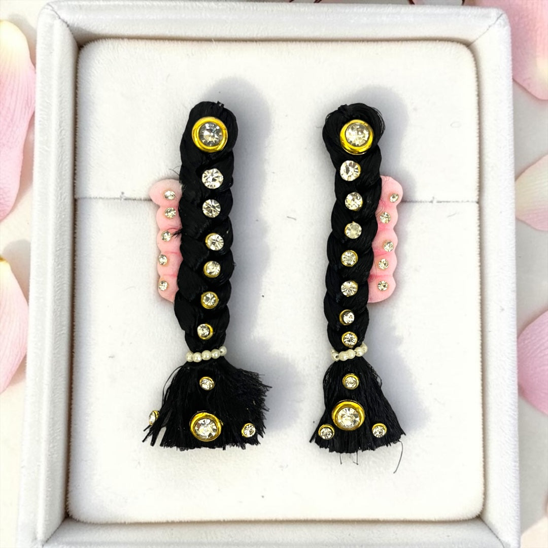 Royal Stone-Studded Double Choti Pair (SPC-654) for Divine Goddess Idol – Traditional Hair Braid Ornament Set with Sparkling Rhinestones & Floral Accents