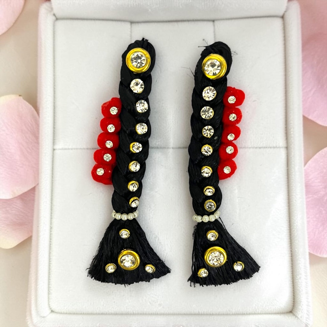 Royal Stone-Studded Double Choti Pair (SPC-654) for Divine Goddess Idol – Traditional Hair Braid Ornament Set with Sparkling Rhinestones & Floral Accents
