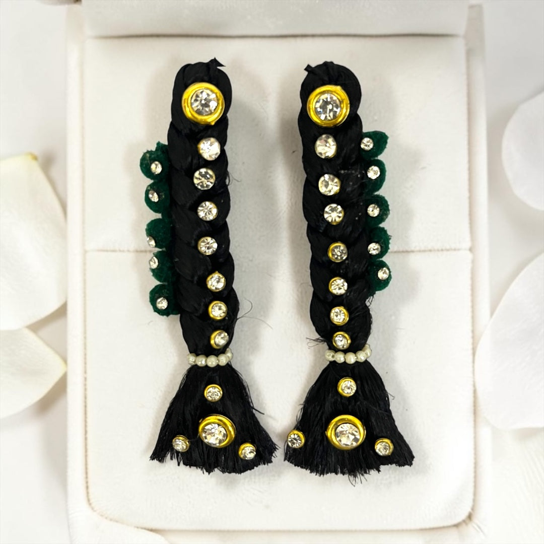 Royal Stone-Studded Double Choti Pair (SPC-654) for Divine Goddess Idol – Traditional Hair Braid Ornament Set with Sparkling Rhinestones & Floral Accents