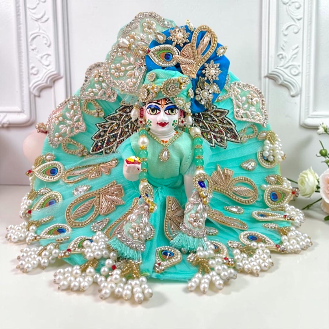 Janmashtami Special Royal Sea-Green Designer Laddu Gopal Poshak (SP-G86) – Heavy Peacock & Pearl Work Dress