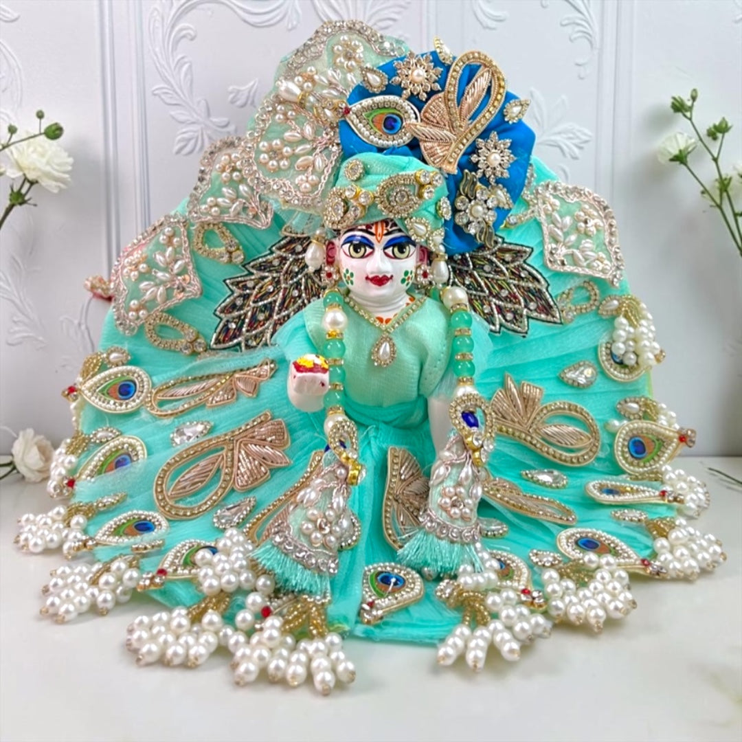 Janmashtami Special Royal Sea-Green Designer Laddu Gopal Poshak (SP-G86) – Heavy Peacock & Pearl Work Dress