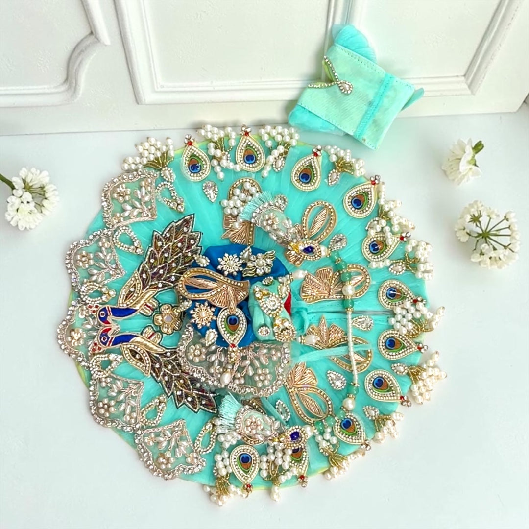 Janmashtami Special Royal Sea-Green Designer Laddu Gopal Poshak (SP-G86) – Heavy Peacock & Pearl Work Dress