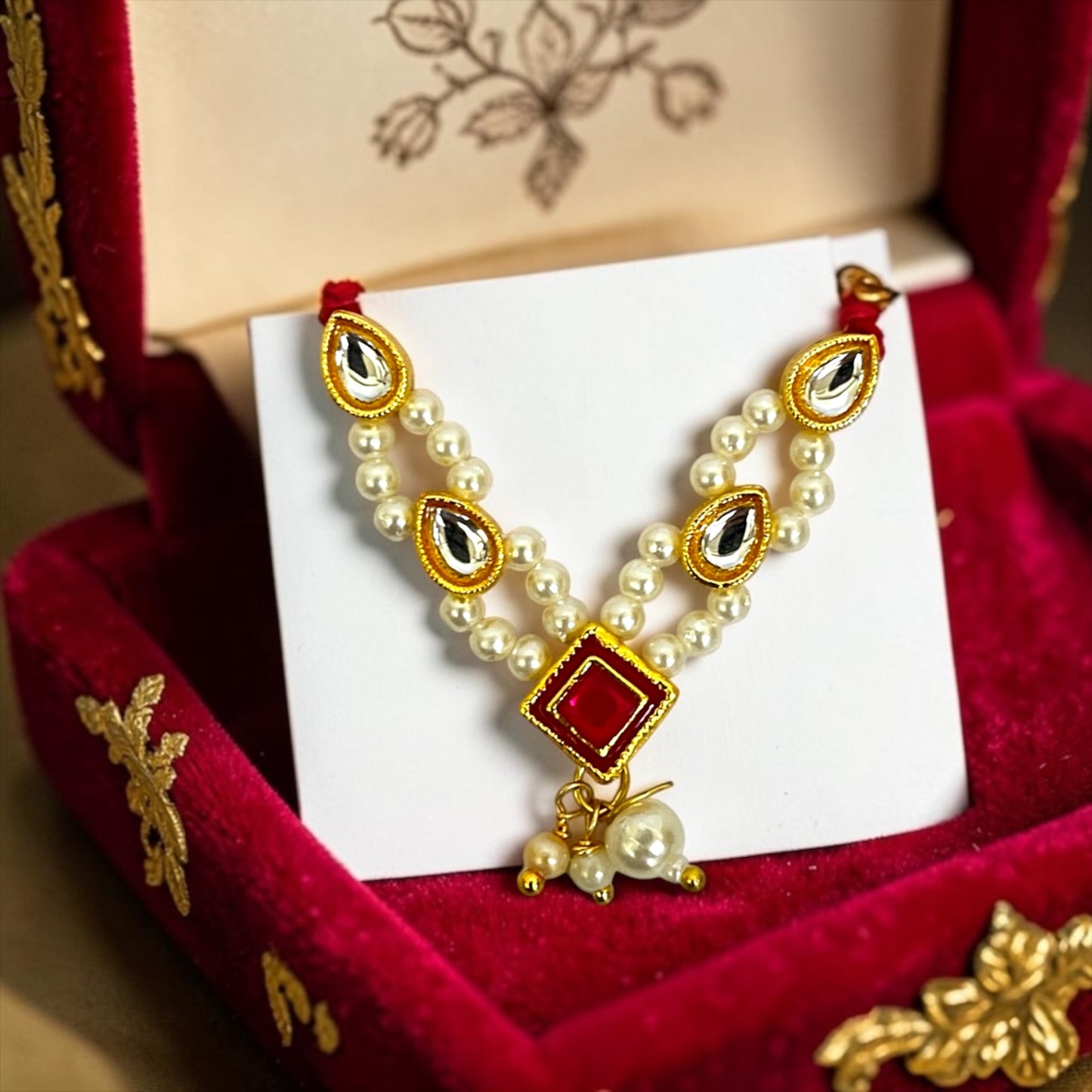 Shri Poshak Royal Kundan & Teardrop Pearl Haar (SPC-810) for Laddu Gopal & All Divine Idols Signature Red & Gold Meenakari