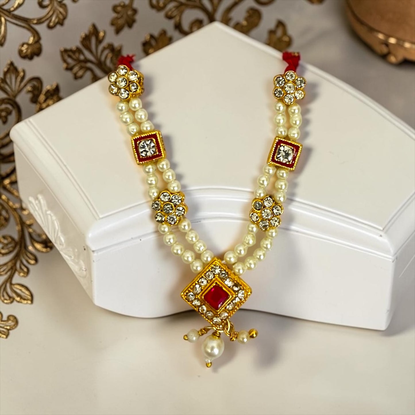 Shri Poshak Royal Kundan & Diamond-Pendant Pearl Haar (SPC-808) for Laddu Gopal & All Divine Idols