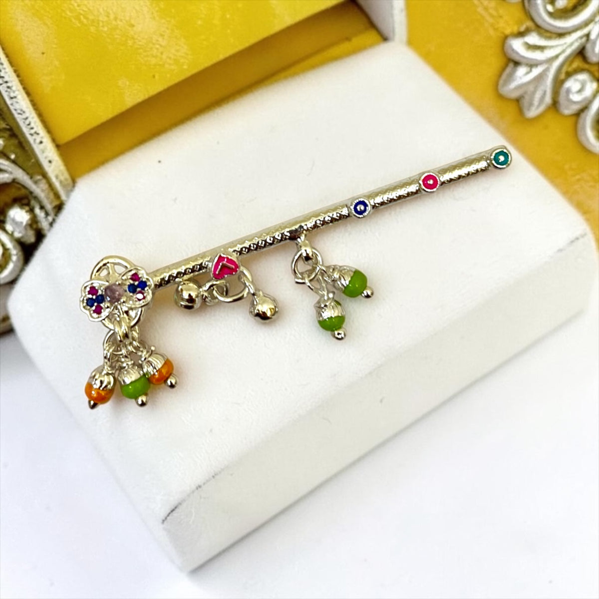 Silver Plated Bow Design Meenakari & Ghungroo Bansi — Premium Divine Shringar by Shri Poshak