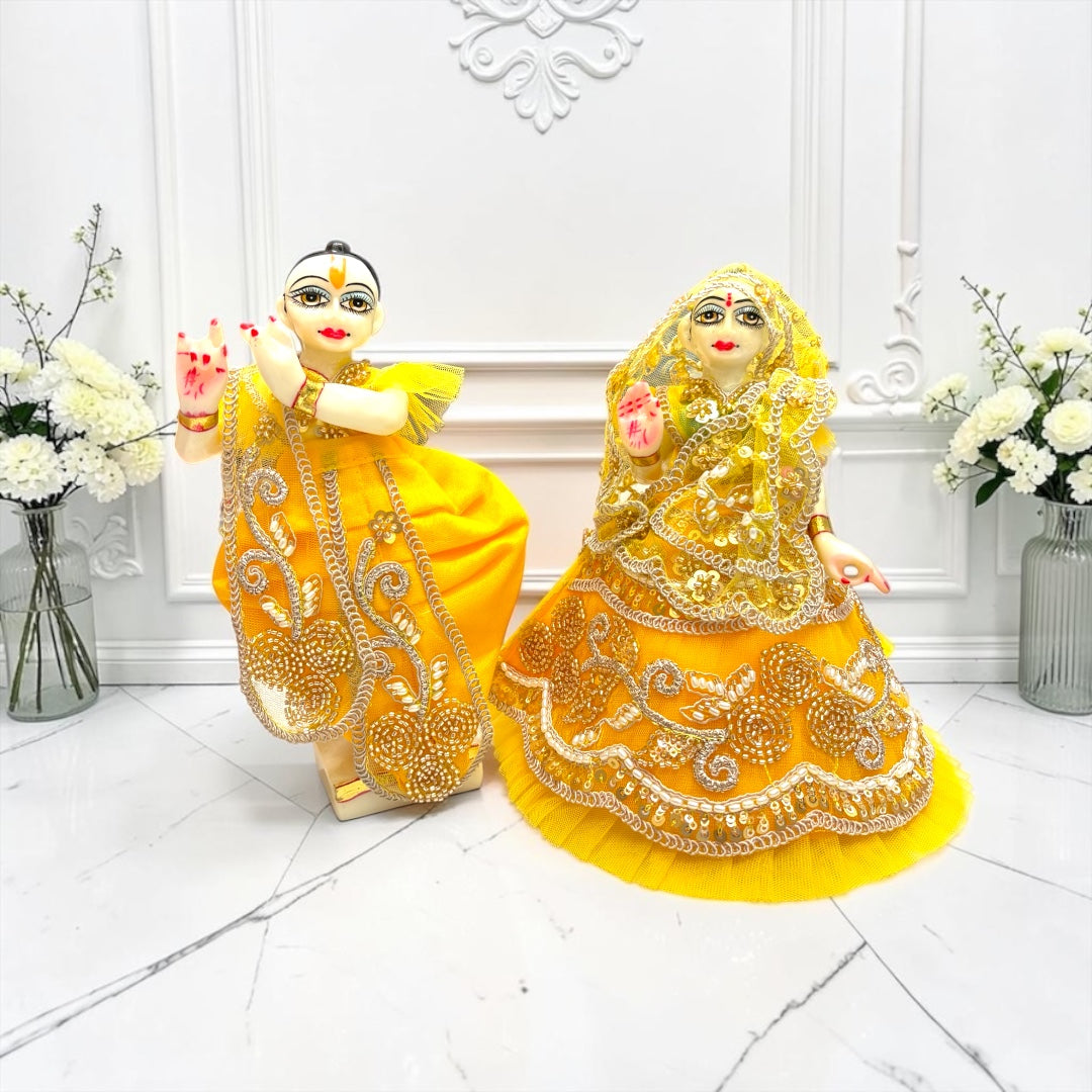 Premium Radha Krishna Dress Set SP-I43 with Box Packaging – Designer Net Lehenga & Dhoti Set with Golden Sequence Work