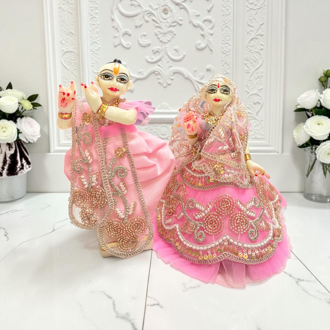 Premium Radha Krishna Dress Set SP-I43 with Box Packaging – Designer Net Lehenga & Dhoti Set with Golden Sequence Work