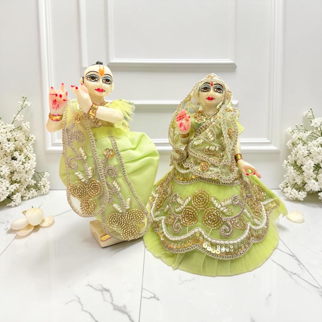 Premium Radha Krishna Dress Set SP-I43 with Box Packaging – Designer Net Lehenga & Dhoti Set with Golden Sequence Work