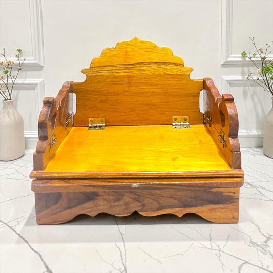 Deluxe Foldable Wooden Peacock Singhasan with Sliding Prasadam Tray