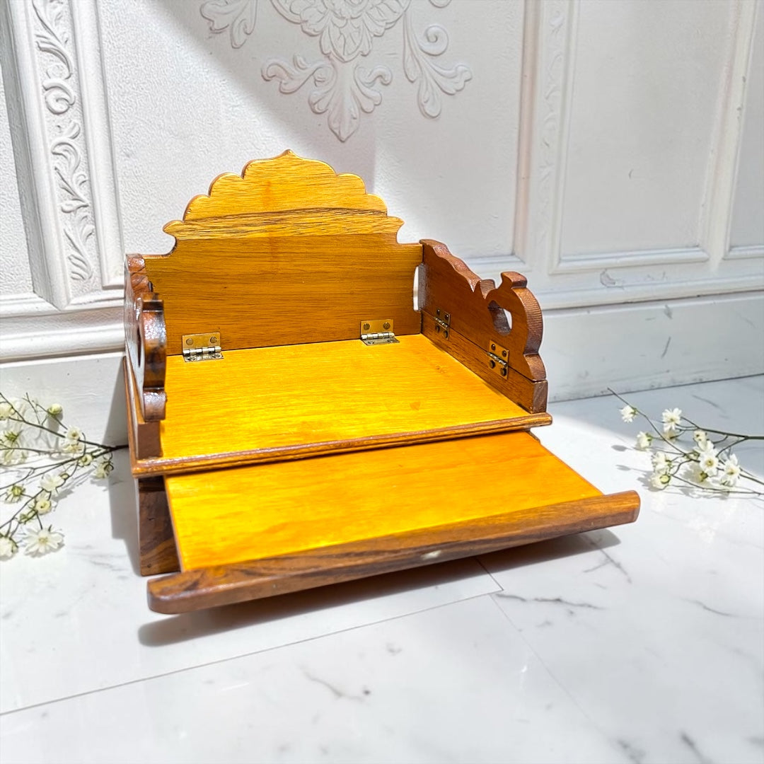 Deluxe Foldable Wooden Peacock Singhasan with Sliding Prasadam Tray