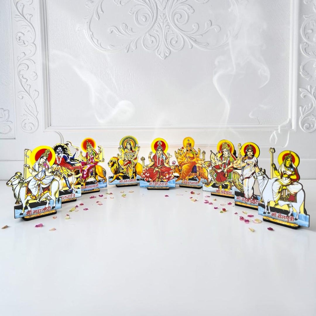 Navratri Special 9 Durga Swaroop Wooden MDF Cutouts (14 CM) – Premium Navdurga Idol Set for Mandir Decor & Puja