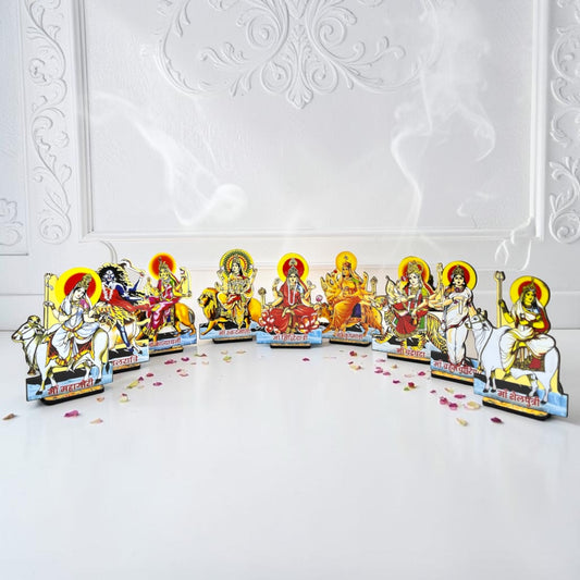 Navratri Special 9 Durga Swaroop Wooden MDF Cutouts (14 CM) – Premium Navdurga Idol Set for Mandir Decor & Puja