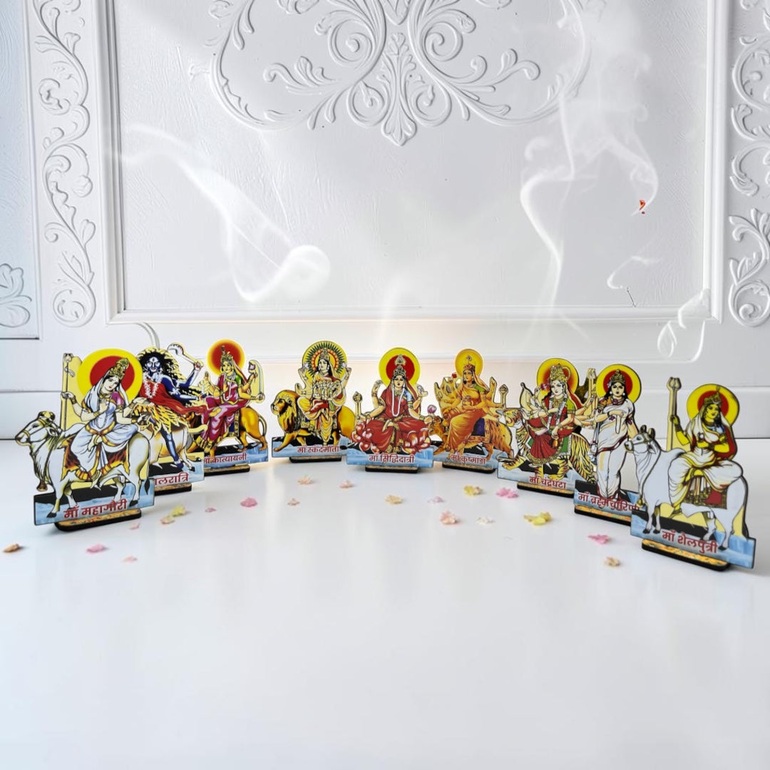 Navratri Special 9 Durga Swaroop Wooden MDF Cutouts (14 CM) – Premium Navdurga Idol Set for Mandir Decor & Puja