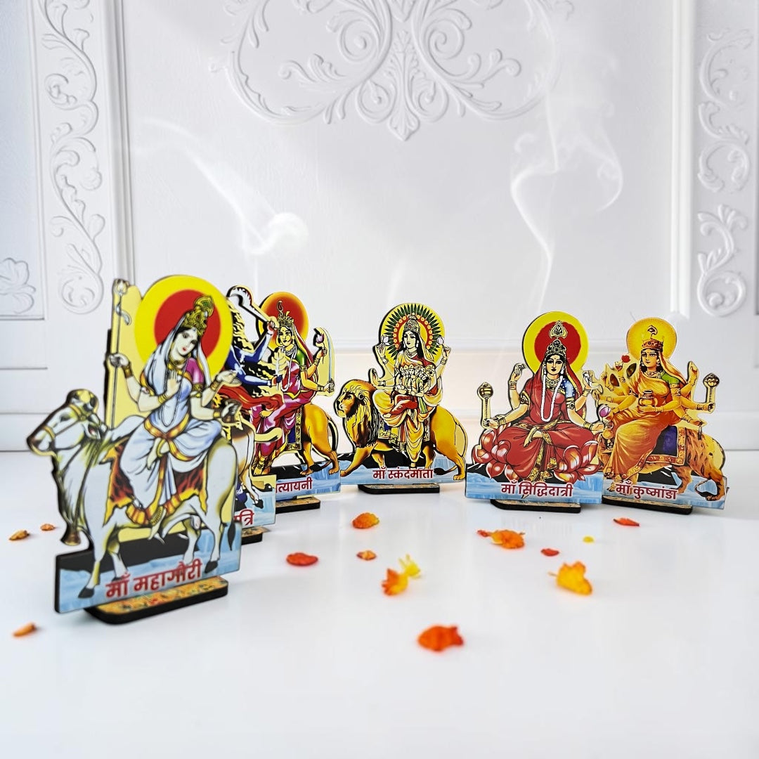 Navratri Special 9 Durga Swaroop Wooden MDF Cutouts (14 CM) – Premium Navdurga Idol Set for Mandir Decor & Puja