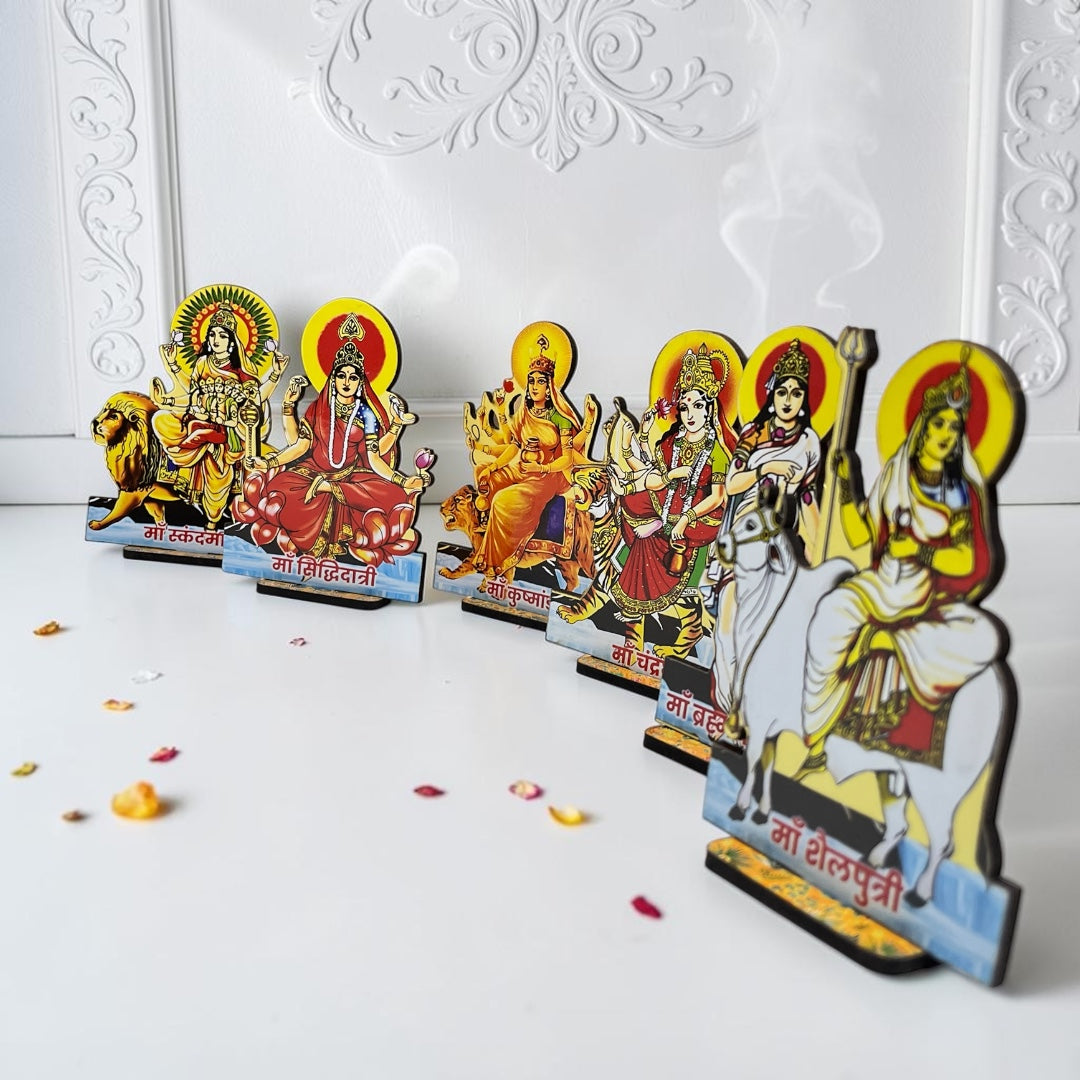 Navratri Special 9 Durga Swaroop Wooden MDF Cutouts (14 CM) – Premium Navdurga Idol Set for Mandir Decor & Puja