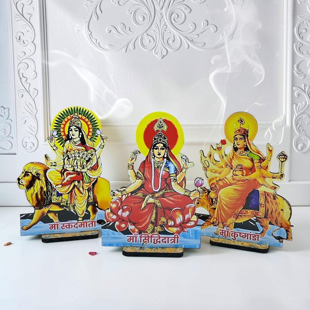 Navratri Special 9 Durga Swaroop Wooden MDF Cutouts (14 CM) – Premium Navdurga Idol Set for Mandir Decor & Puja