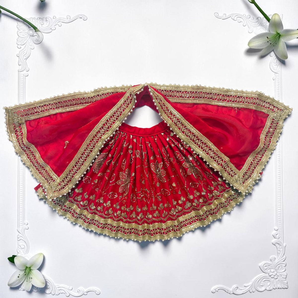 ✨ Shri Poshak Luxury Pearl-Beaded Border Mata Rani Durga Maa 3-Piece Poshak Set (SP-J13) – Heavy Zari & Sequin Embroidery 👑🔱🪔