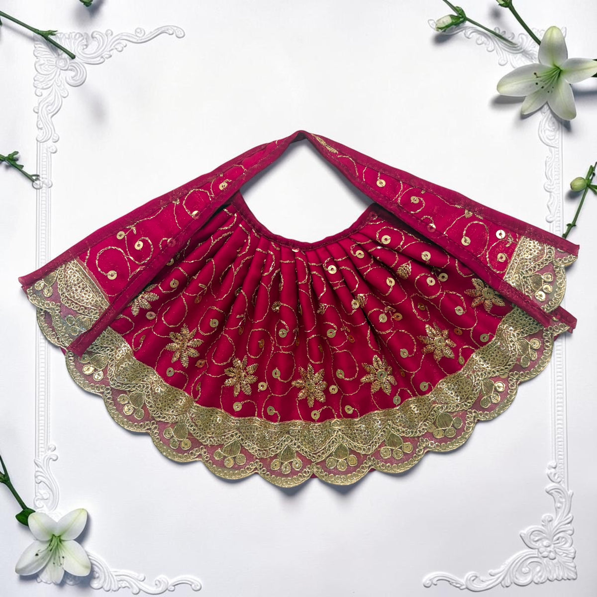 Shri Poshak Premium Sequins Floral Embroidery Lehnga Patka Dress for Mata Rani - Navratri Special (Code: SP-J08)