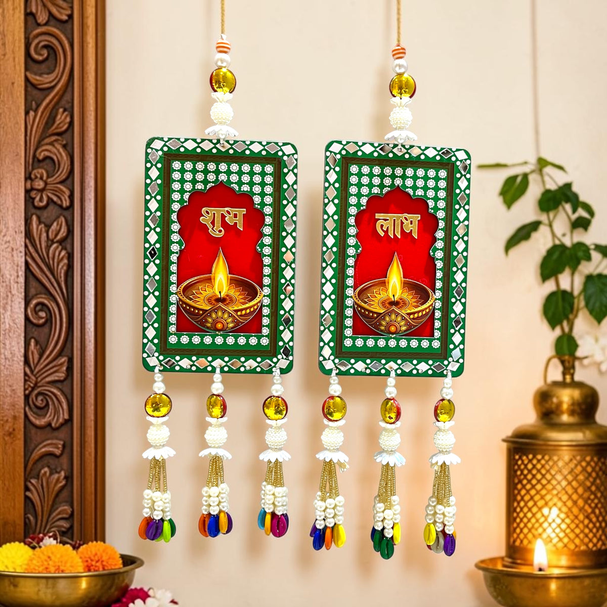 ✨ Royal Green & Red Shubh Labh Diya Door Hanging Pair (SP-DH7)
