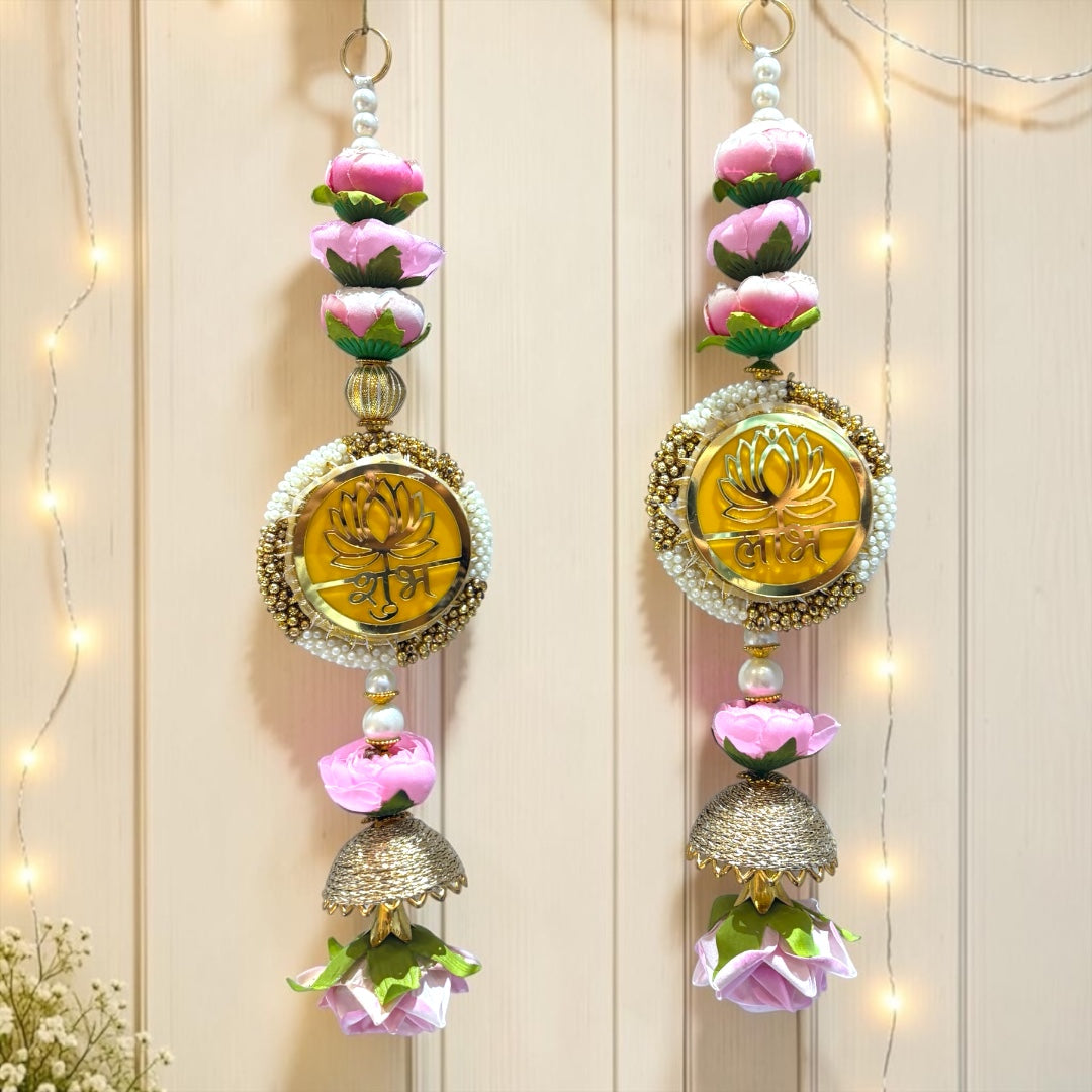 🪷 Designer Lotus Shubh Labh Medallion Door Side Hangings with Golden Jhumkis (Set of 2) | Code: SP-DH21