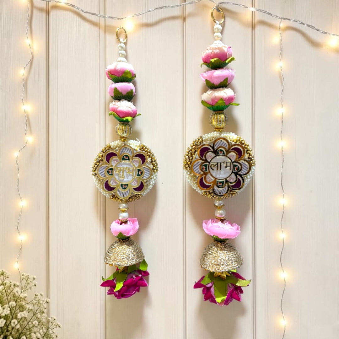 🪷 Designer Lotus Shubh Labh Medallion Door Side Hangings with Golden Jhumkis (Set of 2) | Code: SP-DH21