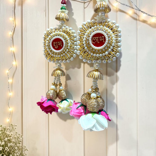 🪔 Designer Pearl & Floral Shubh Labh Medallion Door Side Hangings (Set of 2) | Code: SP-DH24