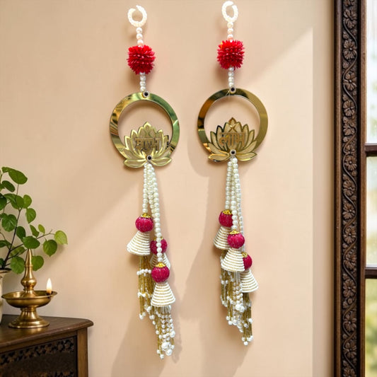 🪷 Golden Lotus Mirror Circular Shubh Labh Door Side Hangings with Cream & Magenta Tassels (Set of 2) | Code: SP-DH23