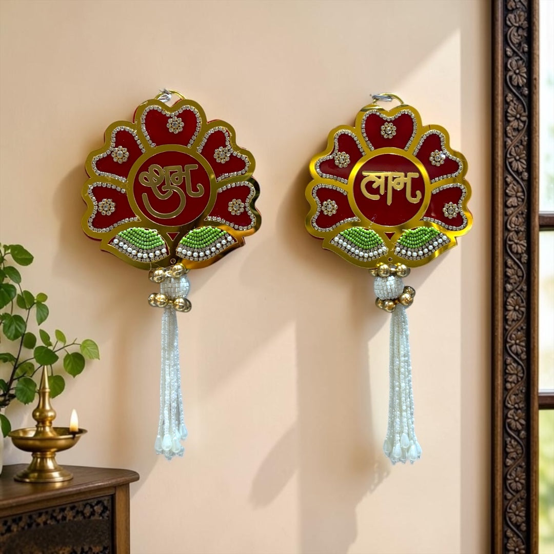 ✨ Royal Floral Crimson & Gold Shubh Labh Door Hanging Pair with Pearl Tassels (SP-DH14)