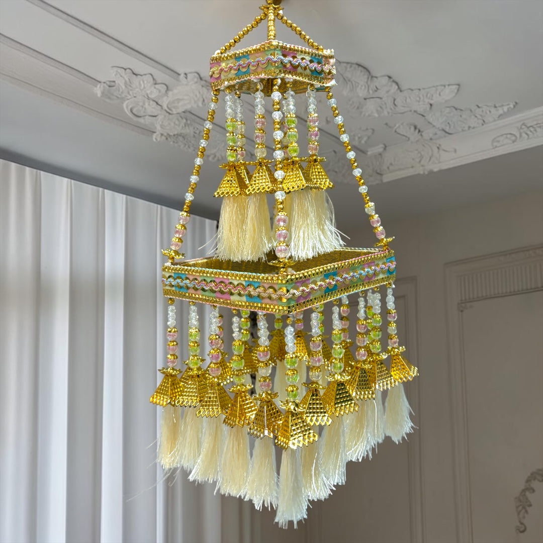 ✨ Royal Golden Chandelier Jhumar with Cream Silk Tassels & Beaded Detailing (Code: SP-DH1)