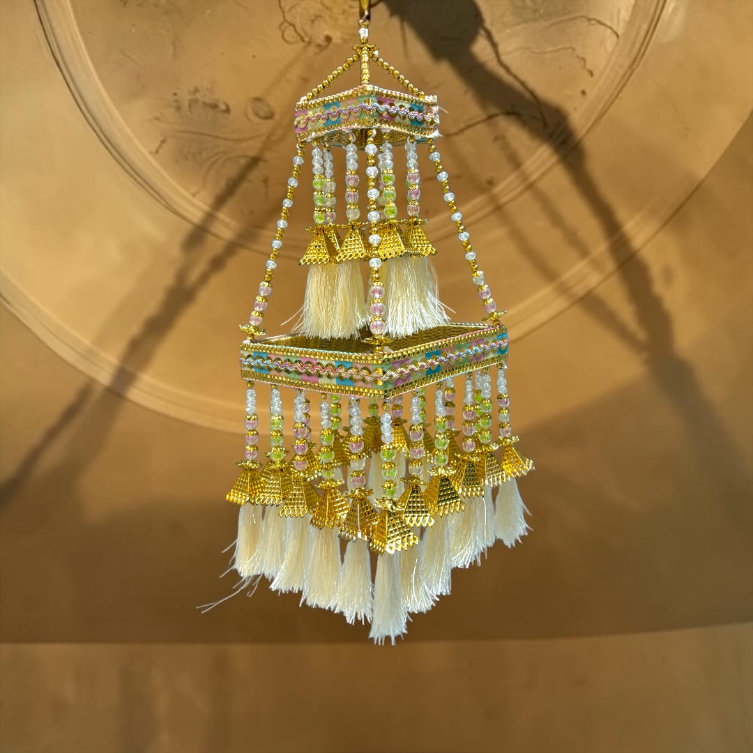✨ Royal Golden Chandelier Jhumar with Cream Silk Tassels & Beaded Detailing (Code: SP-DH1)