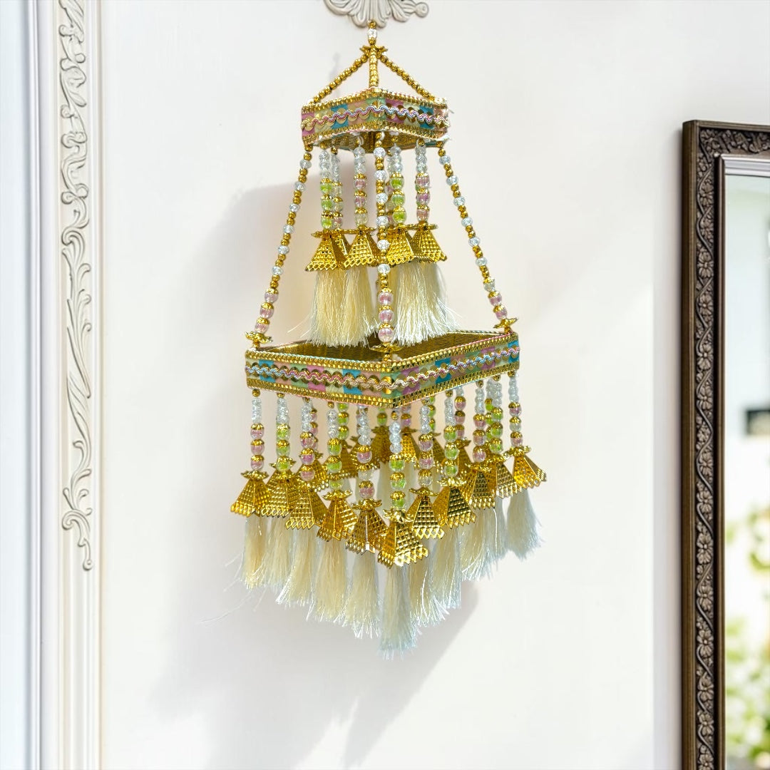 ✨ Royal Golden Chandelier Jhumar with Cream Silk Tassels & Beaded Detailing (Code: SP-DH1)