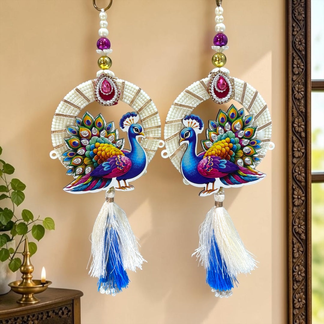 ✨ Royal Peacock Ring Door Hanging Pair with White & Blue Silk Tassels (SP-DH9)
